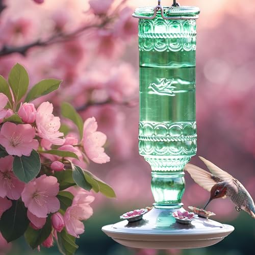 Perky-Pet Antique Glass Bottle Hummingbird Feeder, 10 oz Capacity, Green | 4 Feeding Ports for Outdoors Hanging Bird Feeders, Backyard Garden Décor - style: Green Bottle