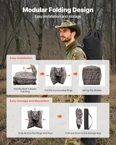 VEVOR Hunting Blind，See Through Ground Blinds with Carrying Bag, 360 Degree Portable Camouflage Tent，Durable Concealed Shelter with Silent Side Door and Window, for Turkey and Deer - size: 4-5 Person（270° See Through) (H-79''）