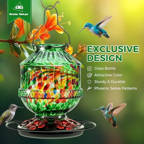 Hand Blown Glass Hummingbird Feeders for Outdoors, 25 Ounces Wild Bird Nectar Feeder with Perch & 5 Flower Feeding Ports Leak Proof Hanging for Garden Backyard Decor, Gifts for Women Mom, Green - color: Phoenix Green
