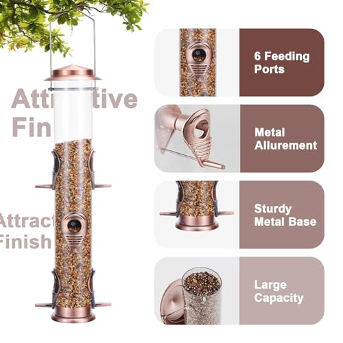 Metal Tube Bird Feeders for Outdoors - 6 Ports Hanging Feeder Attracts Wild Birds in Your Lawn, Garden, Balcony - Antique Copper - 1 Pack - color: Antique Copper