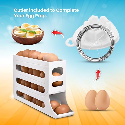 ZAYLAN Auto-Rolling Egg Holder for Fridge – 4-Tier Space-Saving Dispenser Holds 28 Eggs, White Organizer with FREE Flower Egg Cutter - color: WHITE
