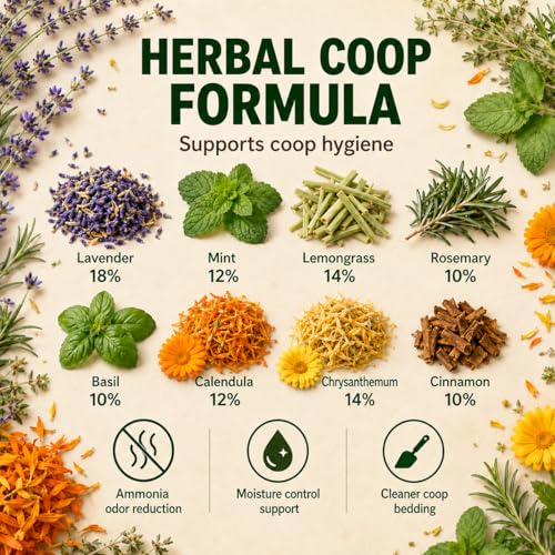Chicken Nesting Herbs, Aromatic Botanical Blend for Chicken Coop, Nesting Boxes, Coop Bedding, Dust Bath, Odor Control, Freshness & Coop Refresher, Poultry Enrichment for Backyard Hens, 1LB