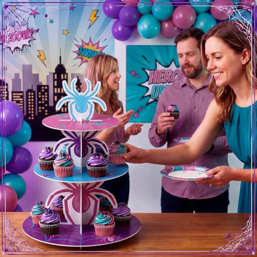 3 Tier Spider Cupcake Stand Decoration Pink Spider Cupcake Tower Purple Blue Spiderweb Table Decoration Hero Theme Dessert Holder Table Display for Hero Birthday Party Baby Shower Supplies - style: Fashional