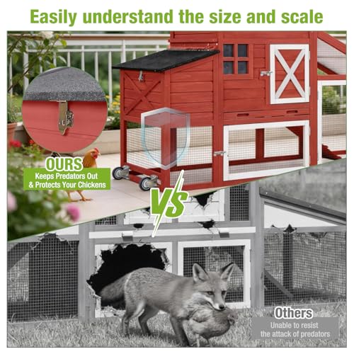 GUTINNEEN Chicken Coop with Wheels,Outdoor Hen House with Waterproof Asphalt Roof, Wooden Poultry Enclosure with Easy-Clean Slide-Out Tray,Poultry Cage with Nesting Boxes for Duck Rabbit Chicken-Red - size: 67.3"L x 26"W x 39.4"H-Red