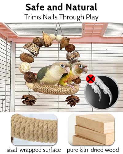 2Pcs Bird Chew Toys, Wood Sisal Swing Toy for Claw & Beak Care | Wooden Parrot Swing Wrapped With Sisal Supports Claw Grinding & Beak Trimming, Multi-Play Design for Budgie Conure Keeps Busy