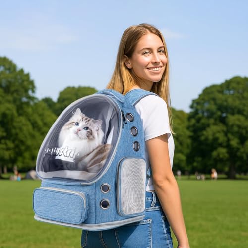 Cat Backpack Carrier with Large Space Bubble Window, Airline Approved Breathable Pet Carrier for Small Dogs Cats up to 15lbs, Foldable for Travel Hiking & Outdoor Use - color: Blue