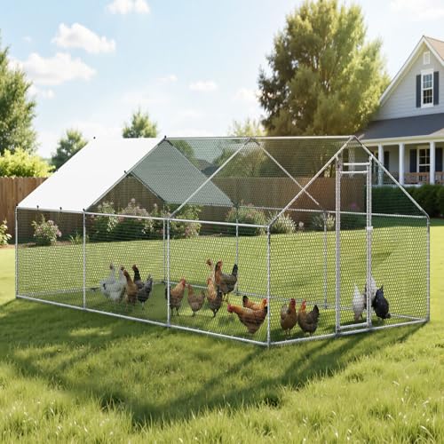 VEVOR Large Metal Chicken Coop, 19.7x9.8x6.5ft Walk-in Chicken Runs for Yard with Cover, Spire Roof Hen House with Security Lock for Outdoor and Backyard, Farm, Duck Rabbit Cage Poultry Pen - size: 236.2"L x 118.1"W x 66.7"H