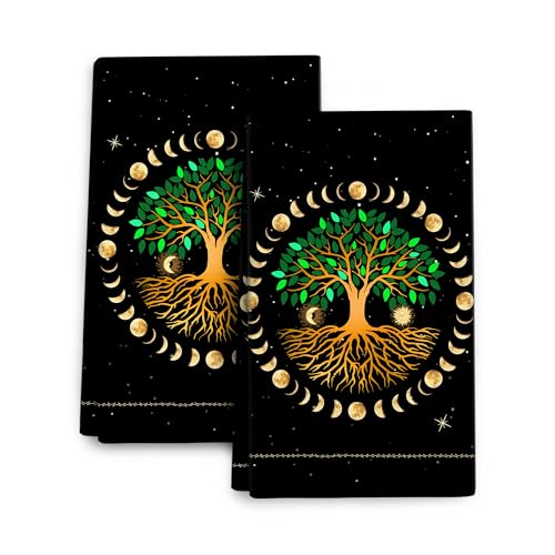 Black Kitchen Dish Towel Set of 2 Ancient Life Tree Tea Towel | Decorative Hand Towels for Kitchen Bathroom Farmhouse Bar Decor, Moon Luna Hippy Decor Drying Cloth 16"x24" - color: Tree Moon