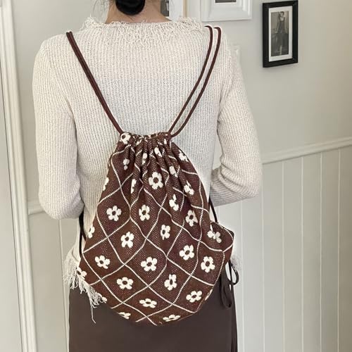Lobagve Drawstring Backpack Boho Purse Leisure Daypack Yoga Sport String Bag - color: Flower—dark Red&khaki