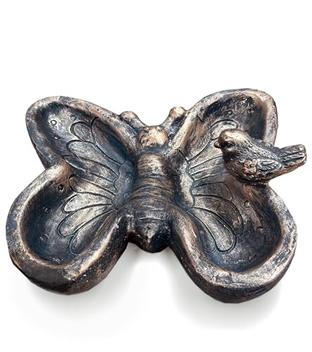 Resin Ground Bird Feeder, Butterfly Bird Feeder Tray | Dual Sections, Heavy Platform Feeder for Outdoor Garden Yard Patio Lawn, Hand-Painted Decor, 13.6 Inch - color: Bronze & Blue Patina