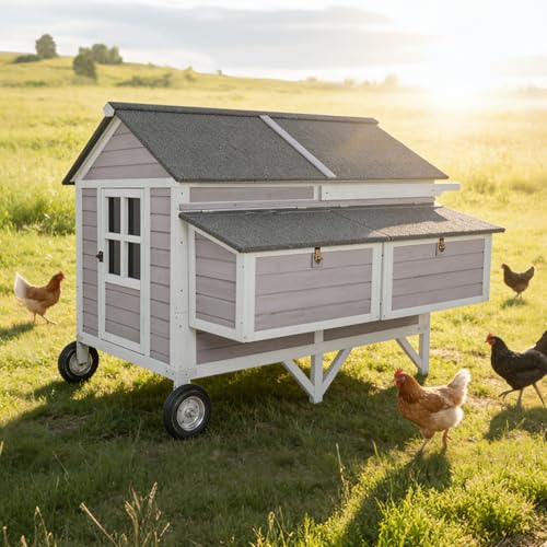 68.1" Extra Large Chicken Coop with Super Large Wheels, Mobile Hen House Poultry Cage with Strong Iron Frame, Outdoor Chicken House with 4 Nesting Boxes, 4 Perches for 6-8 Chickens