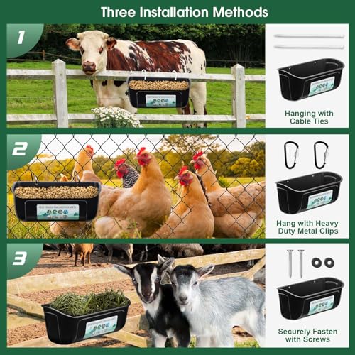 PIREKZUNT 3 Pack Chicken Duck Feeder, Poultry Feeders and Waterers, Hanging Goat Feeder, Livestock Feeding Container, Feed Trough and Waterer Bucket with Clips(Black) - color: 3 Pack Black