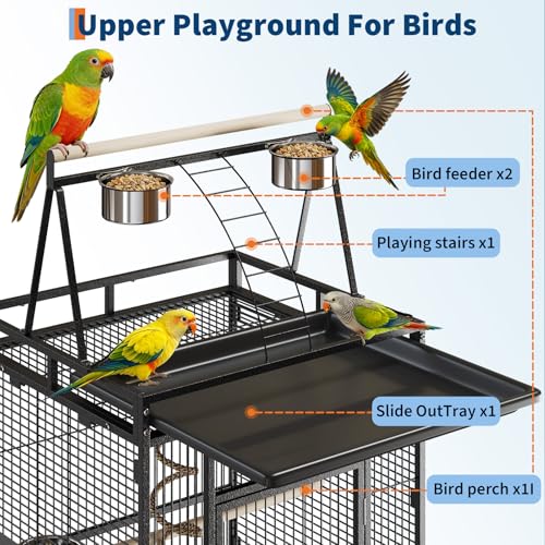 67-Inch Playtop Wrought Iron Large Parrot Bird Cages with Rolling Stand for Cockatiels Parrot Quaker Conure Parakeet Lovebird Canary Small Medium Parrot Cage Birdcage, Black | Wrought Iron Cage with Wheels, Rolling Parakeet Cage with Removable Tray for Co