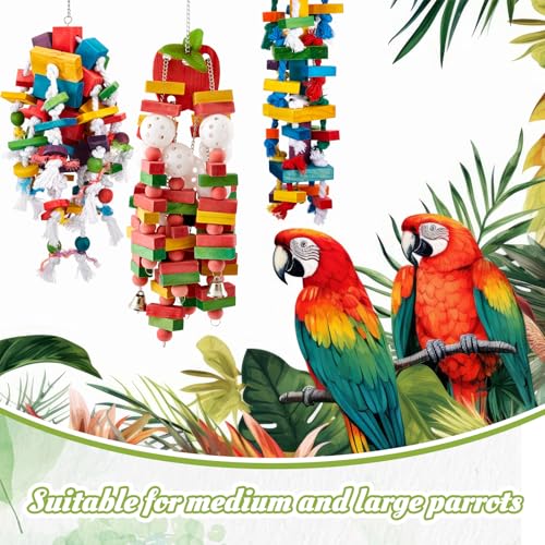Seenelling 3 Pcs Extra Large Bird Toys for Parrots, Block and Rope | Multicolored Natural Wooden Blocks & Beads Bells, Bird Cage Chewing Toys for Large Medium Macaws African Grey Cockatoos - style: Block and Rope