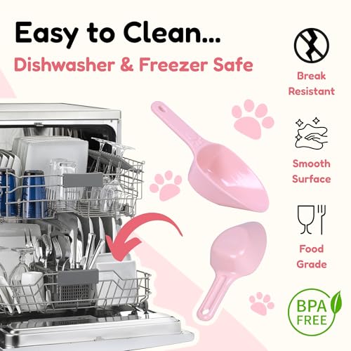 Dog Food Scoop 1 Cup, One Cup Measuring Cup, Food Grade Melamine Pet Food Measuring Scoop with 1/2 & 1/4 Cup Markings, Long Handle Food Scoop For Dog, Cat, Brid, Rabbit, Dishwasher Safe (Pink*2) - color: Pink