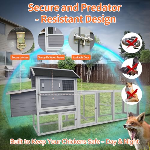 113inch Chicken Coop, Large Wooden Chicken Coop with Nesting Boxes & Run Cage for 3-6 Chickens, Outdoor Hen House Poultry Hutch Rabbit Cage with No-Slip Ramp & Pull-Out Tray for Backyard Farm (Gray) - color: Gray