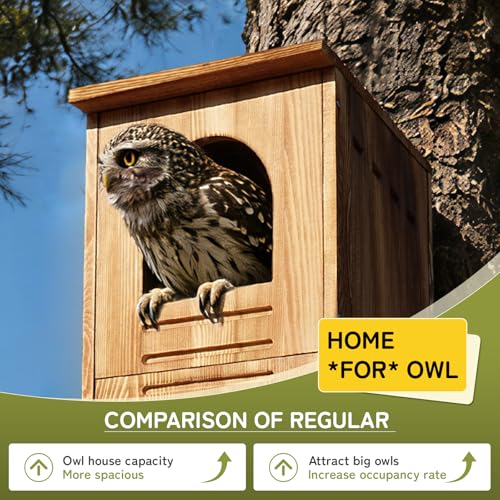 Barred Owl House, 25" Extra Large Owl Bird Box Handmade | Wooden Circular Opening for Outside with Mounting Screws and A Bag of Wood Shavings, Easy Assembly Required - color: brown, size: 14"x24.8"