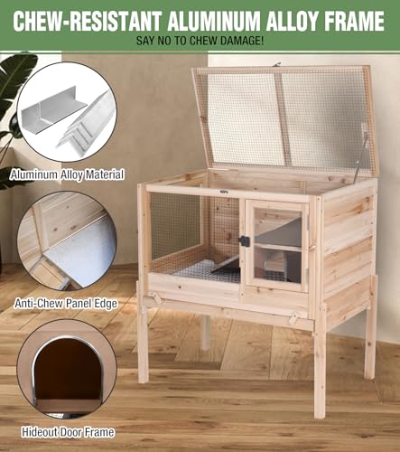 Guinea Pig Cage Indoor with Chew-Proof Edges, Clean Deep Tray | Rabbit cage with leakproof PVC layer, detachable legs, openable roof, multiple ventilated doors, Wooden - color: Natural Wood