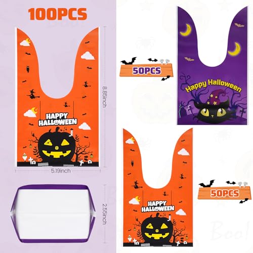 Fruasio 100PCS Halloween Treat Bags with Bunny Ear Ties, Black Cat Designs - color: Purple