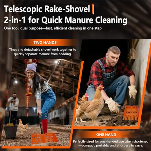 Chicken Dog Coop Poop Scooper & Rake 2-in-1 Telescopic Sifting Shovel | Litter Scoop - color: ORANGE