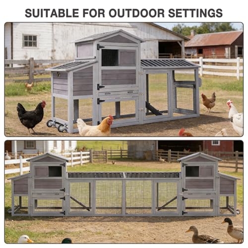 80" Large Chicken Coop on Wheels, with Run, Outdoor Wooden Hen House with Nesting Box, Leakproof Pull-Out Tray & Waterproof Roof, for 4–6 Chickens - color: Grey (AIR61)