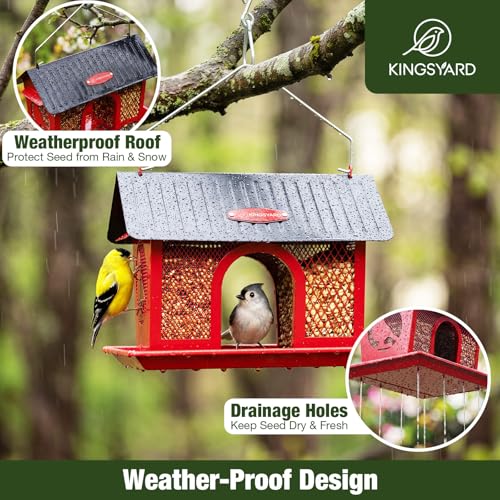 Kingsyard Wild Bird Feeder for Outdoors Hanging, All Metal | Dual-Use Mesh with 360° Feeding, Weatherproof Roof, 3 lb Seed Capacity, Garden Decor & Birding Gift, Red - color: Red