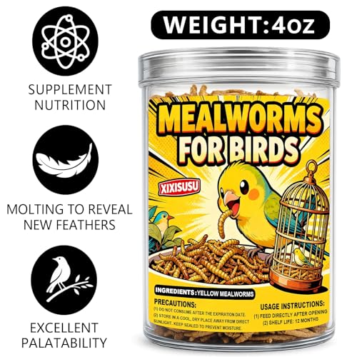 Premium Dried Mealworms for Birds, 4 oz Canister - 100% Natural Bird Food Wild Bird Treat - High Protein Feed for Chickens, Bluebirds, Robins & Wild Birds - Easy-Pour Container (4 oz)