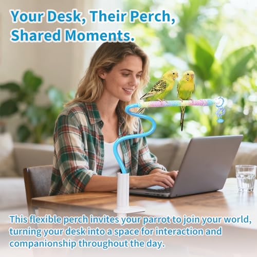 Flexible Bird Perch Stand with Bell - Parrot Toy & Desktop Training Playstand for Budgies, Cockatiels, Lovebirds, Conures, Parakeets - Colorful Playground Accessories (Blue, Medium)