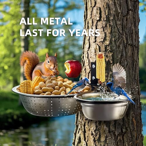 2-Hoop Squirrel/Bird Feeder, 2025 Cute Metal Bowl Outside Tree Mounted, 8.5" Drainage + 5.5" Solid Bowl for Food/Water, Perfect Squirrel Feeders for Yard - size: 2-Hoop - 14" Length