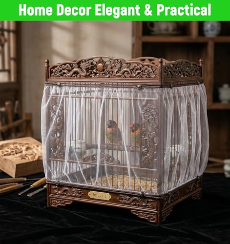 2 Pcs Bird Cage Seed Catcher, Bird Cage Net Cover Seed Catcher Guard Nylon Net Cover, Adjustable 137.8-196.9 Inches Circumference (Black & White, XL)