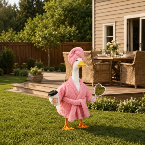 Old Lady Porch Goose Outfits 23 in Bathrobe Lawn Goose Costume Set Pink | 23 Inch, for Porch Goose Cement or Plastic Statue, with Shower Cap Coffee Cup Mirror , Lawn Yard Garden Patio Decor - style: Bathrobe light pink