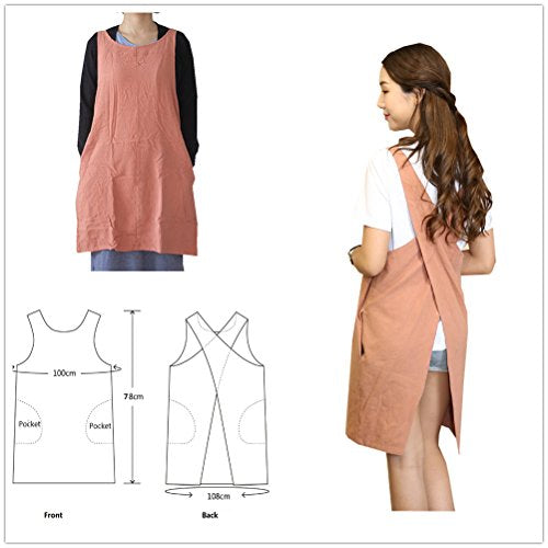 Cotton Linen Japanese Apron Halter Cross Back Bandage X Shape Aprons Two Pockets - color: Orangered