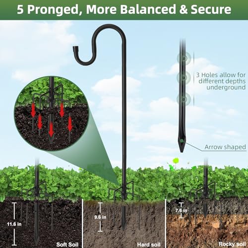 Lilyvane Shepherd Hooks for Outdoor, 46 Inch 5 Prong Base Adjustable Shepherd Hooks, Heavy Duty Feeder Pole for Hanging Flower Baskets Lantern Lights Wind Chime - size: 46"