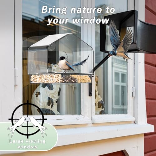 Clear Window Bird Feeder with 3 Strong Suction Cups and Detachable Seed Tray, Sturdy Acrylic Bird Feeders for Viewing Wild Birds Outside, and Garden Decor, Outdoor Birdhouse Feeder