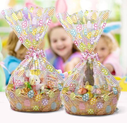 Large Easter Cellophane Basket Bags 10 Pack, Clear Treat Wrap Bags 24 x 30 Inch with Colorful Egg Print and Twist Ties, Jumbo Plastic Gift Wrap for Candy, Party Favors, Holiday Baskets