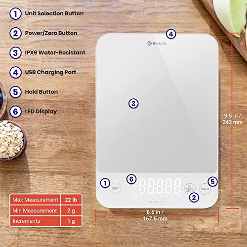 Etekcity 22lb Food Kitchen Scale, USB Rechargeable, IPX6 Waterproof | Digital scale with grams & ounces, 1g precision, 5 weight units, tare, ideal for baking and meal prep, White - color: Achromatic White