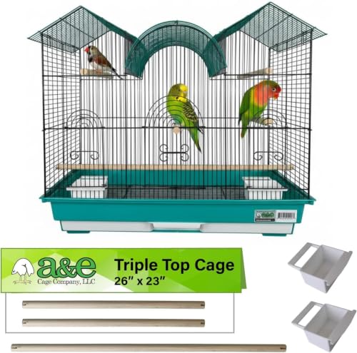 A&E Cage Co Triple Top Bird Cage for Parakeets & Finches, 26"x14"x23" Teal | Decorative Triple Roof, 2 Feeder Stations, 3 Wood Perches, Slide-Out Tray, Carry Handle, Safe Narrow Bar Spacing