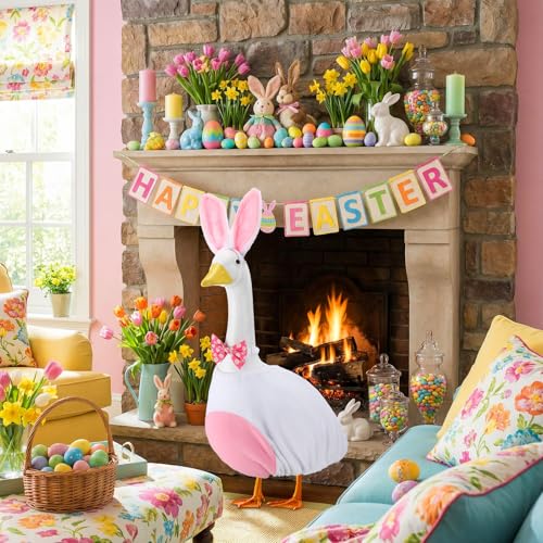 Abbylike 1 Set Easter Bunny Porch Goose Outfits Easter Yard Goose Clothes Costume with Bunny Ears Headband Fits Large 23'' Cement for Spring Outdoor Garden Yard Patio Statue Pathway Art Decorations - style: Pink