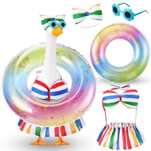 Bikini Porch Goose Outfits with Sunglasses and Swimming Tube for 23" Summer Goose Costume Garden Patio Statue Decor(Rainbow) - style: Rainbow
