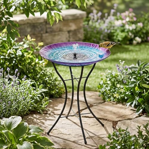 Regal Art & Gift Glass Bird Bath with Metal Stand, Outdoor Garden Decor | Purple, 18 in Bowl, Metal & Glass, Solar Fountain Pump, Easy to Fill, Weather-Resistant Decor for Patio, Porch & Garden - color: Purple