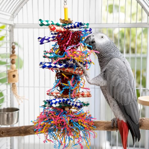 Bonka Bird Toys 1042 Huo Foraging Hearts Bird Toy for Medium Large Birds Interactive Shredding and Chewing Cage Toy Colorful Palm Leaf and Paper Enrichment Toy 12.5" - color: Duo Foraging Heart