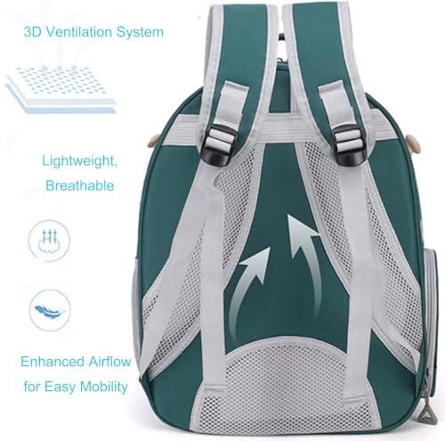 Bird Traval Carrier Cage Backpack for Carry Parakeet Cockatiel Parrot | Multi Vent Holes Clear Space Capsule Astronaut with Metal Tray Wood Perch, Vet Transport Book Bag (Green)