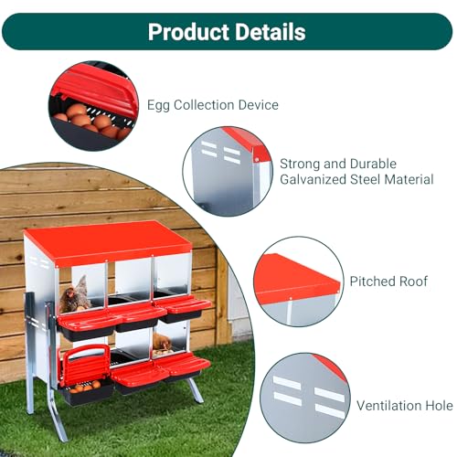 6-Hole Chicken Nesting Box with Removable Lid, Metal Chicken Coop with Roll Away Design/Easy Egg Collection/Ventilation Holes, for Chicken Coops, Duck Coops and Hens - color: Red, size: 6 holes with legs