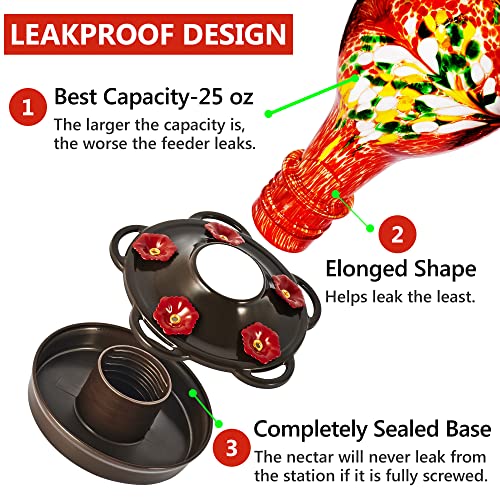 LUJII Hummingbird Feeder for Outdoors, Hand Blown Glass Humming Bird Feeder, Anti Fade Leakproof with 25 Ounces Nectar Capacity, Easy to Install Clean Refill, Include Hook & Ant Moat (Red) - color: Red, size: Small