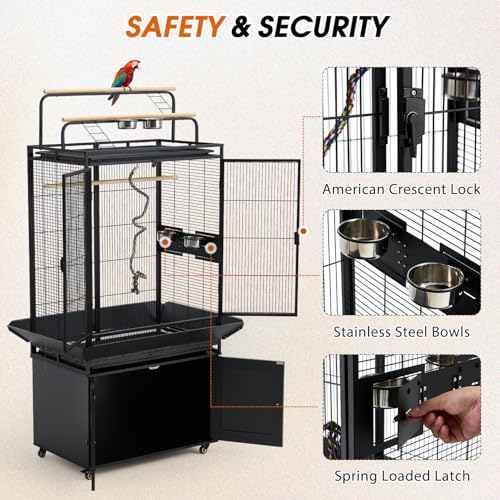 70" Large Bird Cage with Play Top, Metal Parrot Cage with Storage Cabinet | Tall Big Bird Flight Cage with Pull-Out Tray, Feeders, Cover, Stand, Rope, Aviary for Macaw Parakeet Cockatiel Budgie, Black