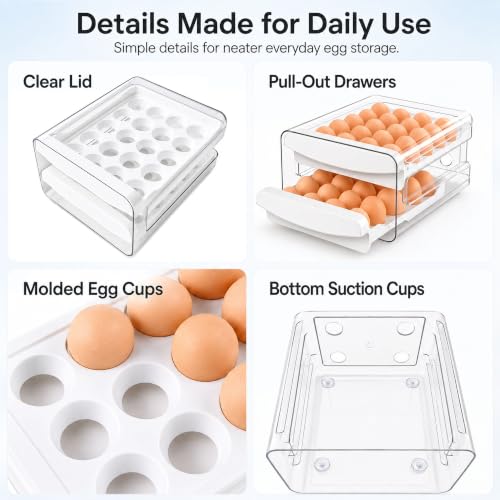 Egg Holder for Fridge, 40-Egg Refrigerator Organizer with Drawers | Egg Storage for Refrigerator, Clear Egg Container, 2-Tier Egg Tray for Fridge, Stackable Lid, BPA-free PET and PP, Hand Wash.