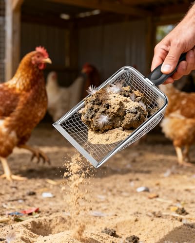 KOROI Chicken Poop Scooper - 2 Pack Chicken Coop Poop Scoop Shovel with 3.8mm & 5mm Mesh,Metal Chicken Coop Cleaning Tool,Sifting Rake for Chicken Litter, Sand, Chicken Coop Supplies