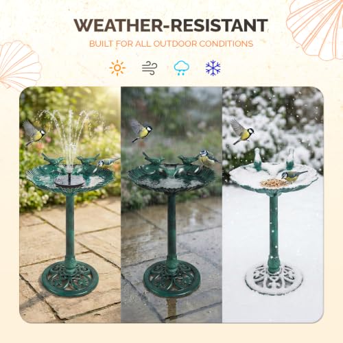 VINGLI Pedestal Bird Bath with Solar Fountain, Solar Pump Resin Birdbaths, Weather Resistant Bird Baths with Ground Stakes, Vintage Finish Garden Decor for Outdoor, Patio, Yard, Lawn(Green Shell) - color: Green Shell