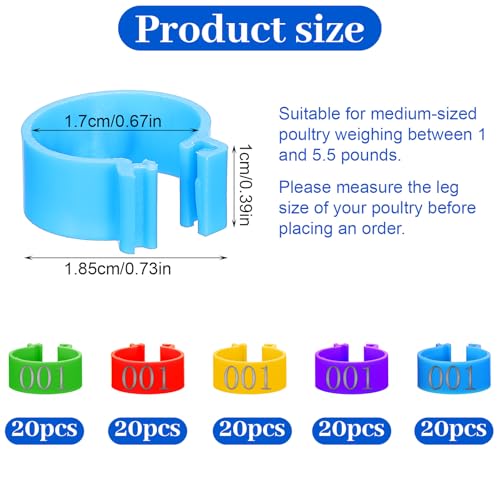 100 PCS Chicken Tags for Legs, Plastic Chicken Leg Bands Tags with 1-20 Code, Colorful Reusable Poultry Leg Band Rings for Chickens, Duck Management