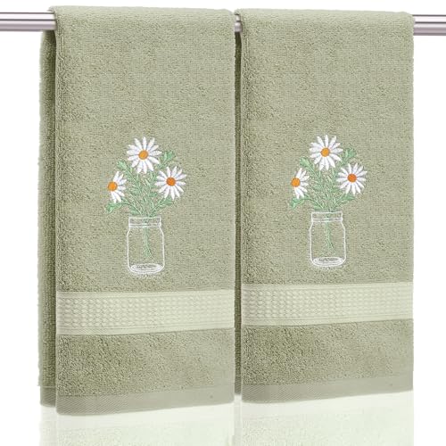 SmoothNovelty 2 Pcs Daisy Hand Towels Floral Bathroom Decor 14x29 Inch | Embroidered Bathroom Hand Towels, 100% Cotton, Soft Absorbent, Daisy Flower Bathroom Kitchen Decor - style: Daisy